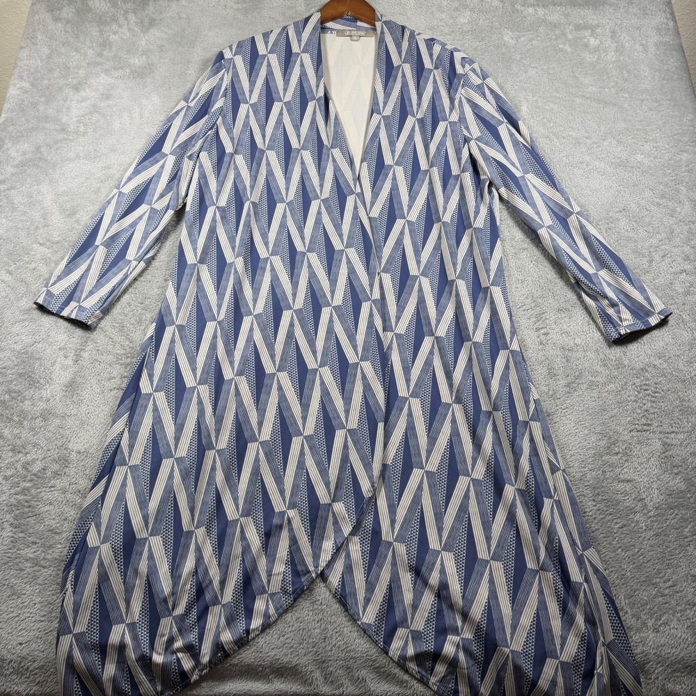 Manaola He'olu Cardigan Women Medium Blue Geometric Hawaiian Designed Open Front